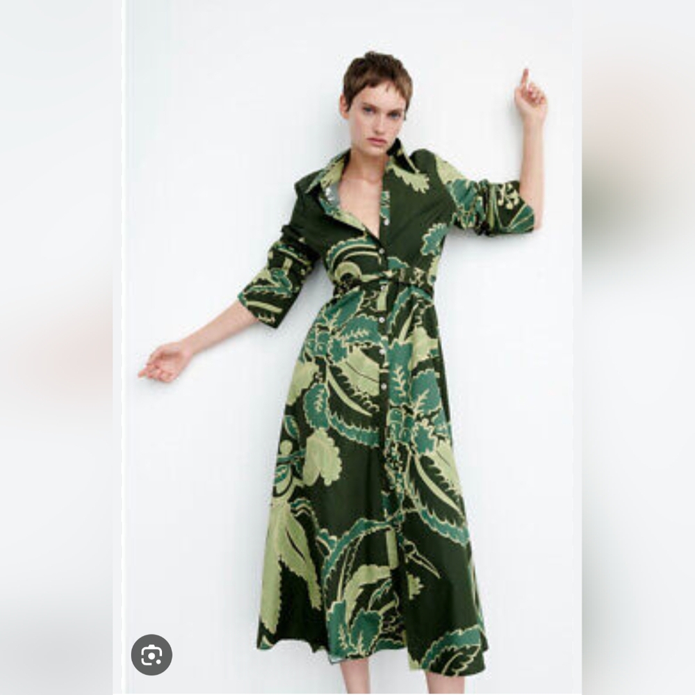 Zara Green Botanical Print Long Sleeve Maxi Dress